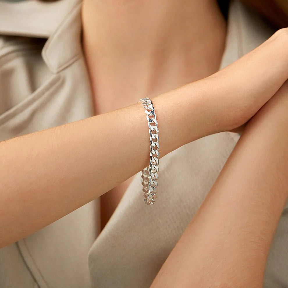 Bevelled Curb Link Silver Bracelet For Women