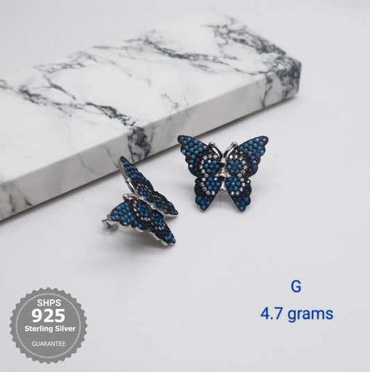 Blue Stone Butterfly Silver Earings For Women