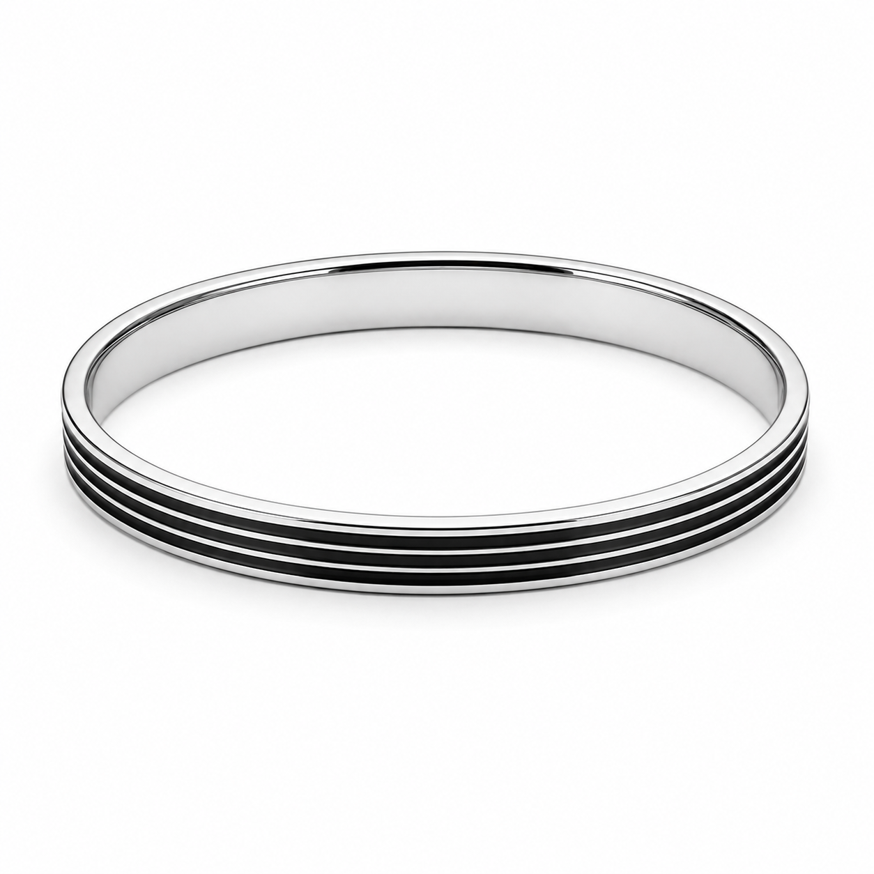 A silver-toned metal bangle bracelet featuring three parallel black inlaid stripes on the outer surface, shown against a plain white background.
